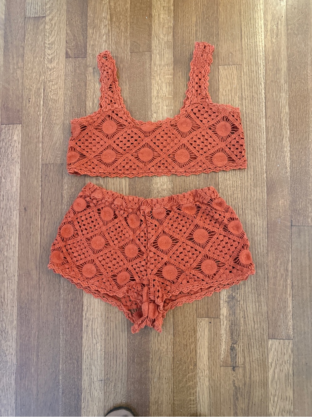 Anthropologie Crochet Two Piece Set Small Rust Orange Beach Swim Cover Up Boho
